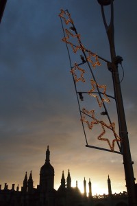 Christmas lights and a Cambridge skyline at sunset - lovely.