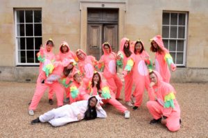 Students at Reach Cambridge pose in bright pink parrot onesies, showcasing creativity and fun in front of a historic building.